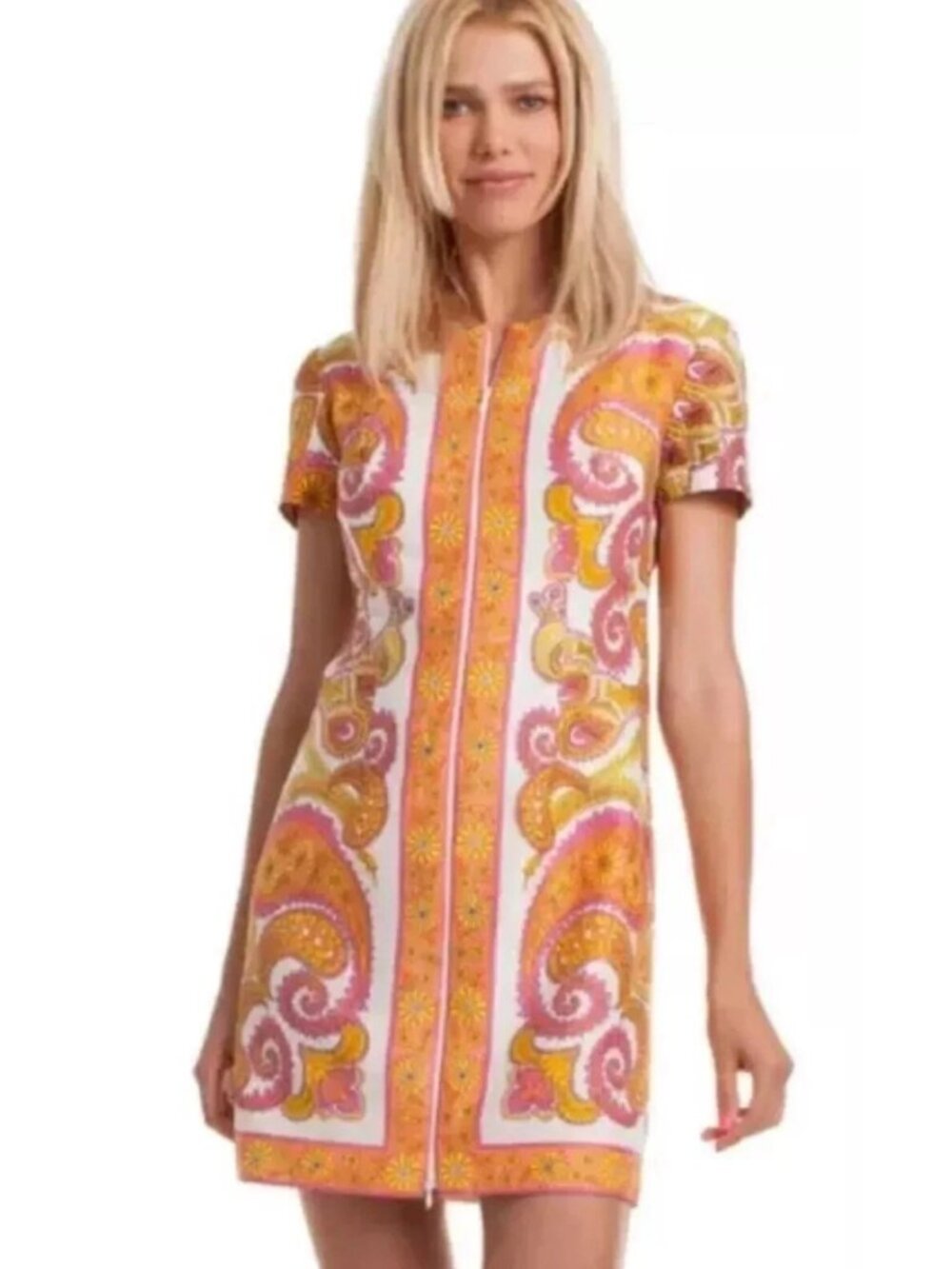 Trina Turk Arboretum Zip Front Shift Sheath Dress sz 0 floral Paisley Mod